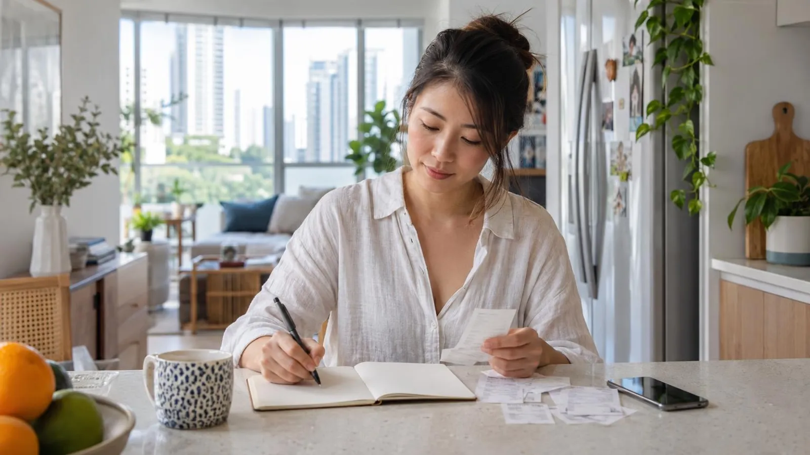 A woman planning her monthly budget with a notebook, receipts and her phone at a bright kitchen counter