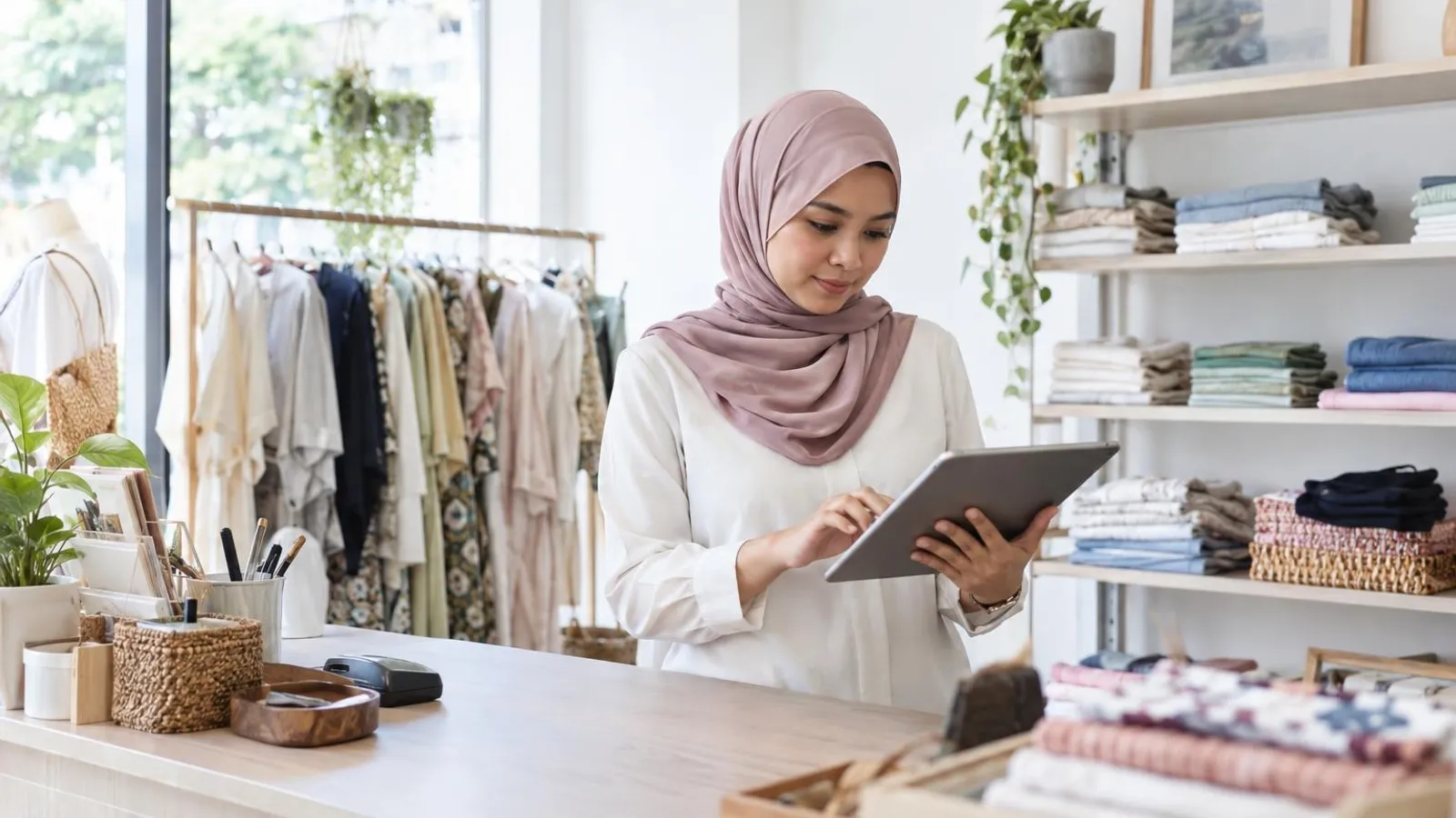 A shop owner reviewing a tablet at the counter of her small bright boutique