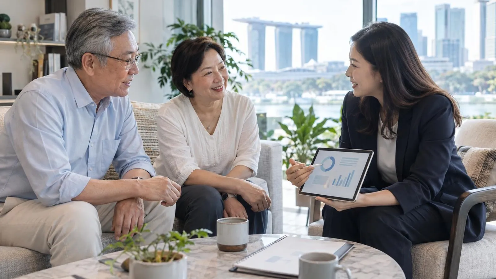 A senior couple talking with a financial adviser in a bright, quiet lounge