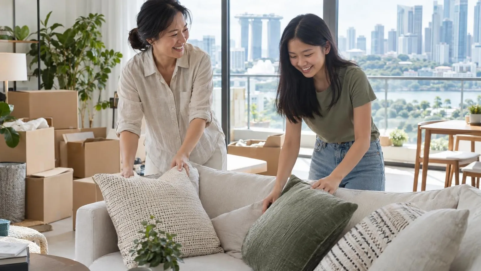 A mother and teenage daughter arranging cushions in a newly furnished bright Singapore condo living room
