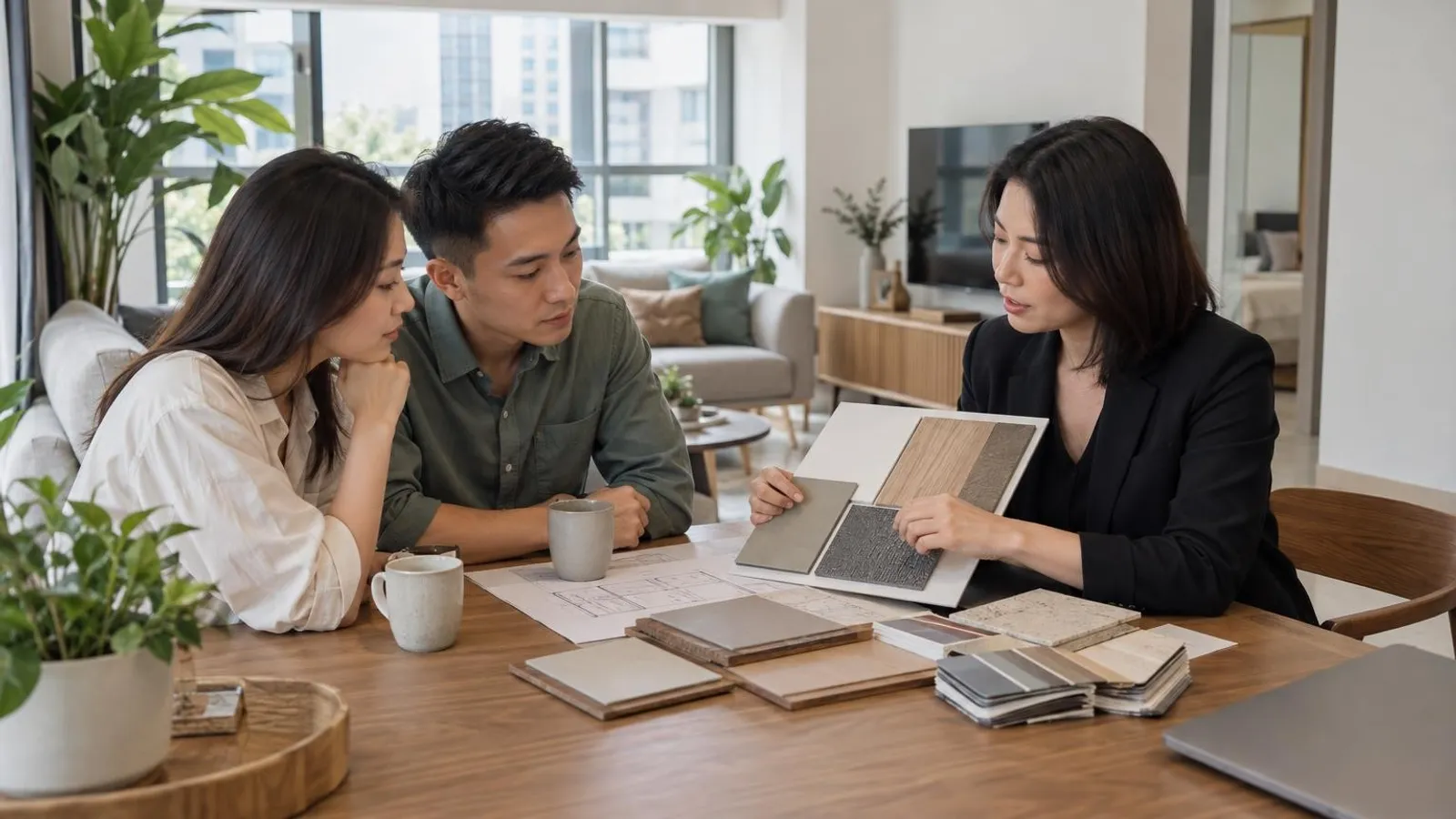 An interior designer showing material samples to a couple in a bright HDB living room