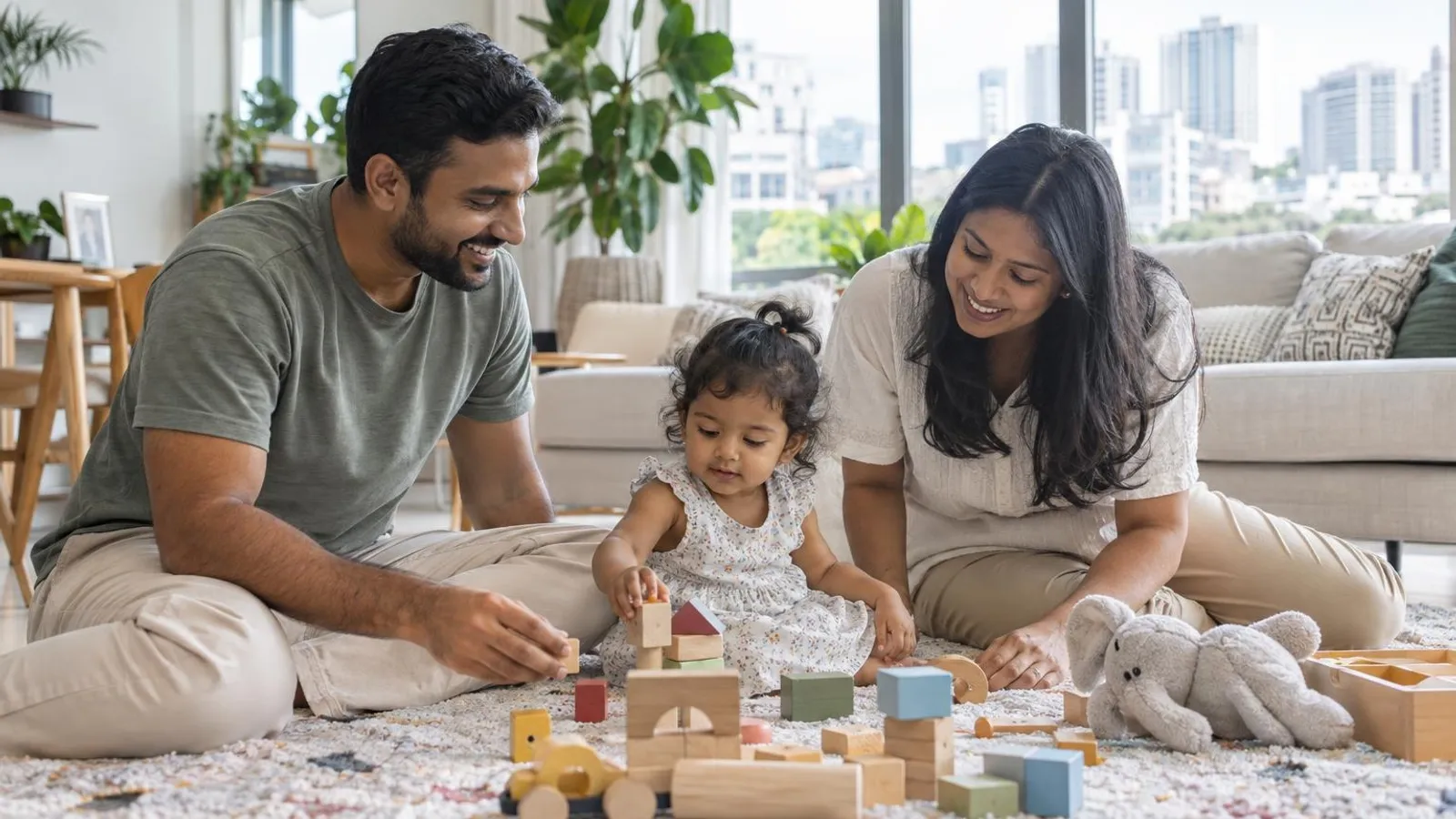 Parents and a toddler playing with wooden blocks on the rug of a bright Singapore living room