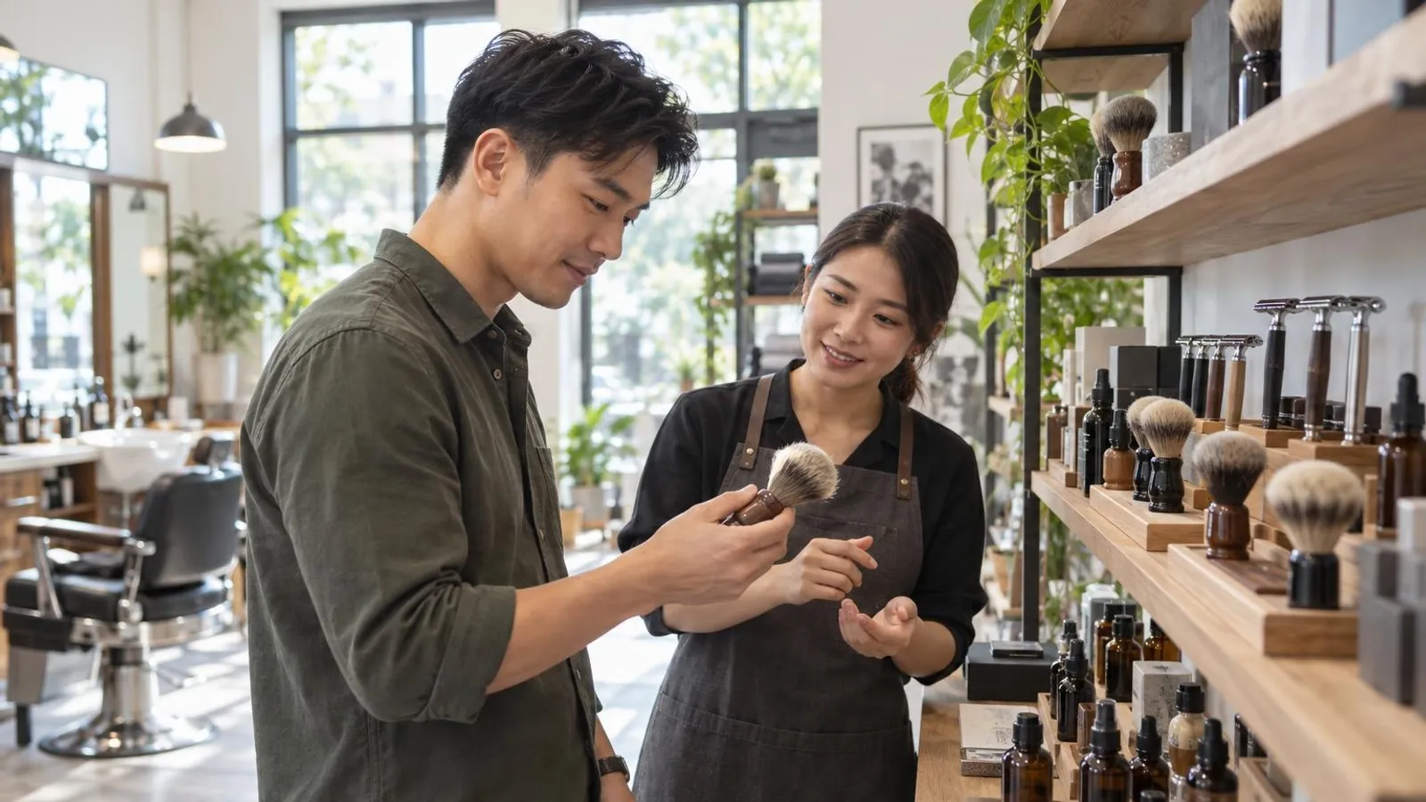 Men’s Grooming Shops: a customer and a provider in a bright, modern setting