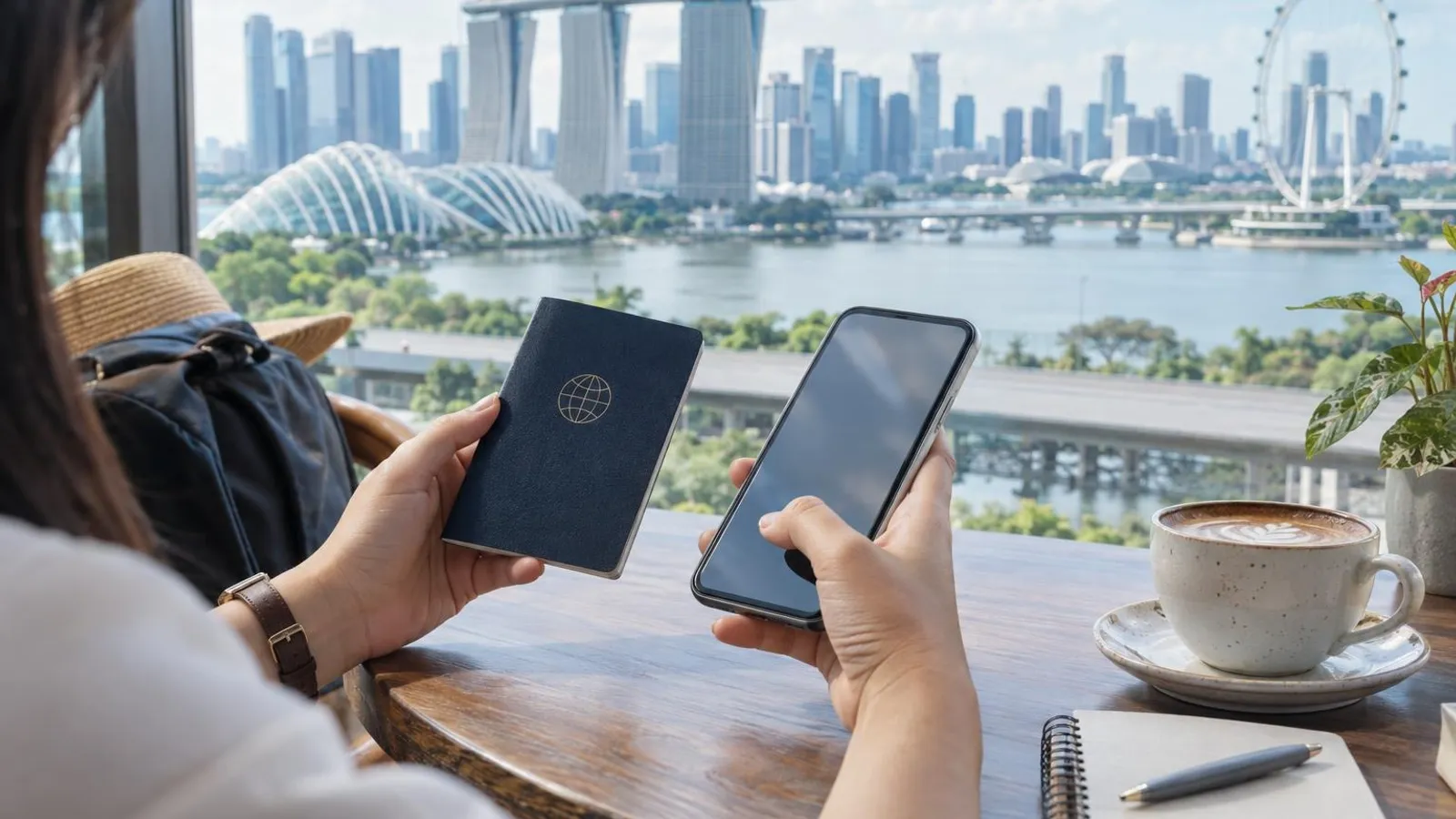 A passport and a smartphone on a cafe table with the Singapore skyline beyond the window