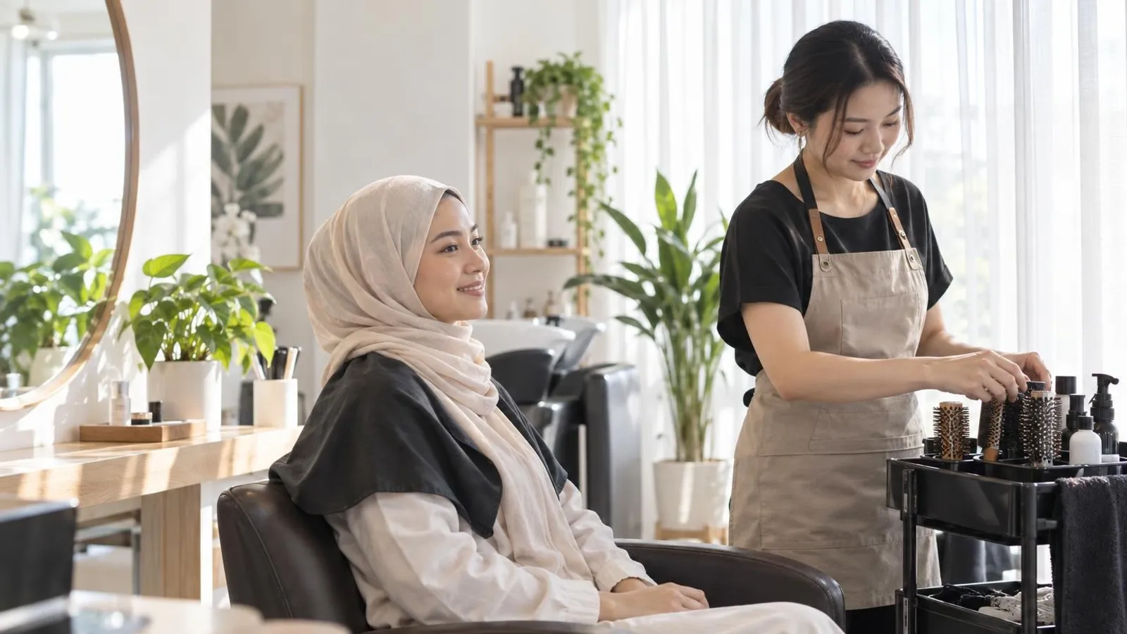 Muslimah-Friendly Salons: a customer and a provider in a bright, modern setting