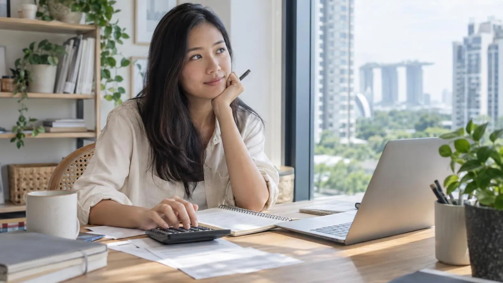 A young woman working through figures with a calculator and notebook at a bright desk