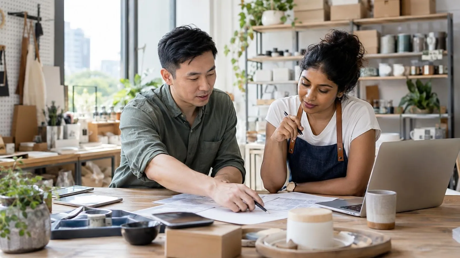 Two business partners reviewing plans at a table in a small bright workshop