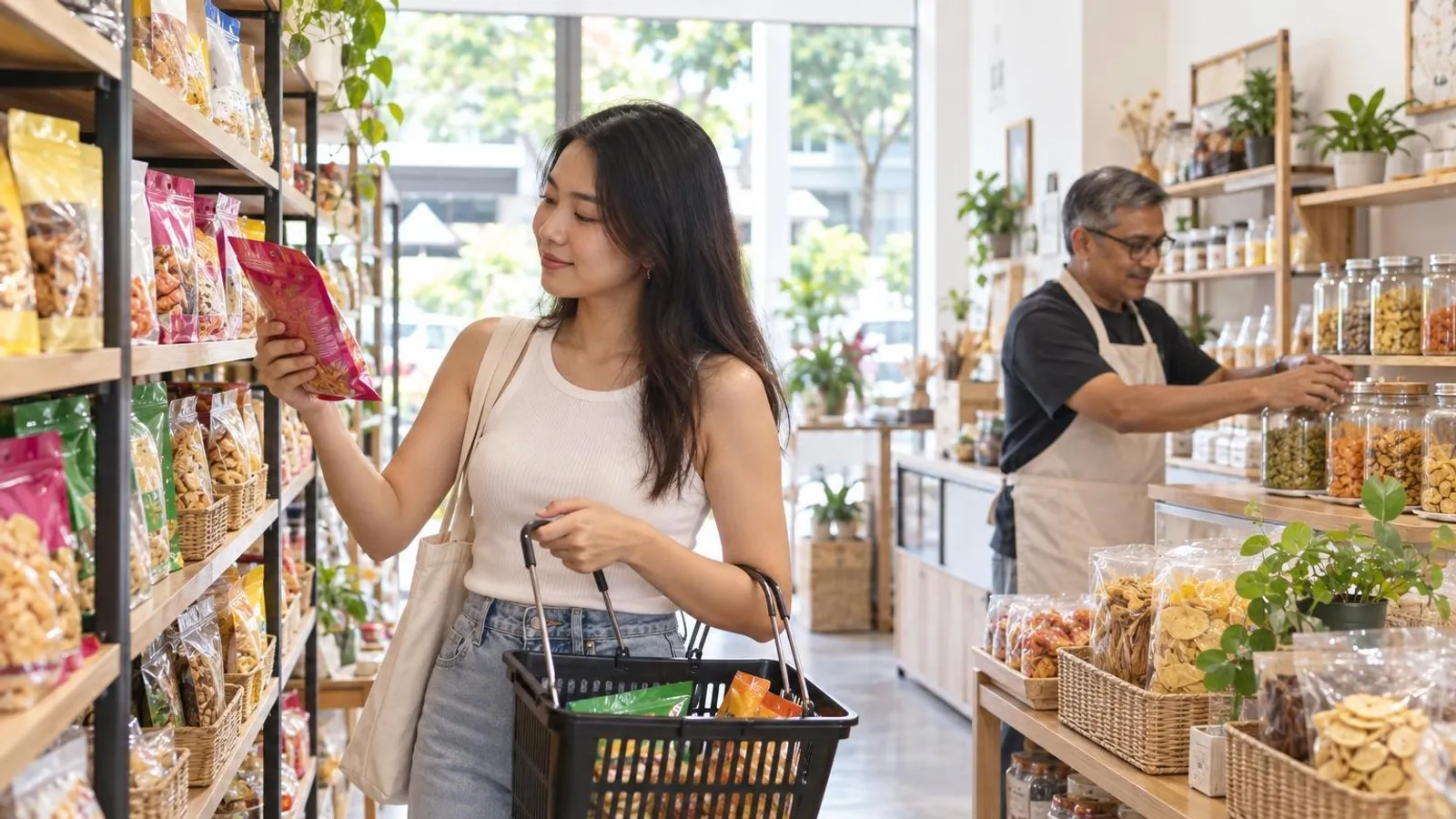 Snack Shops: a customer and a provider in a bright, modern setting