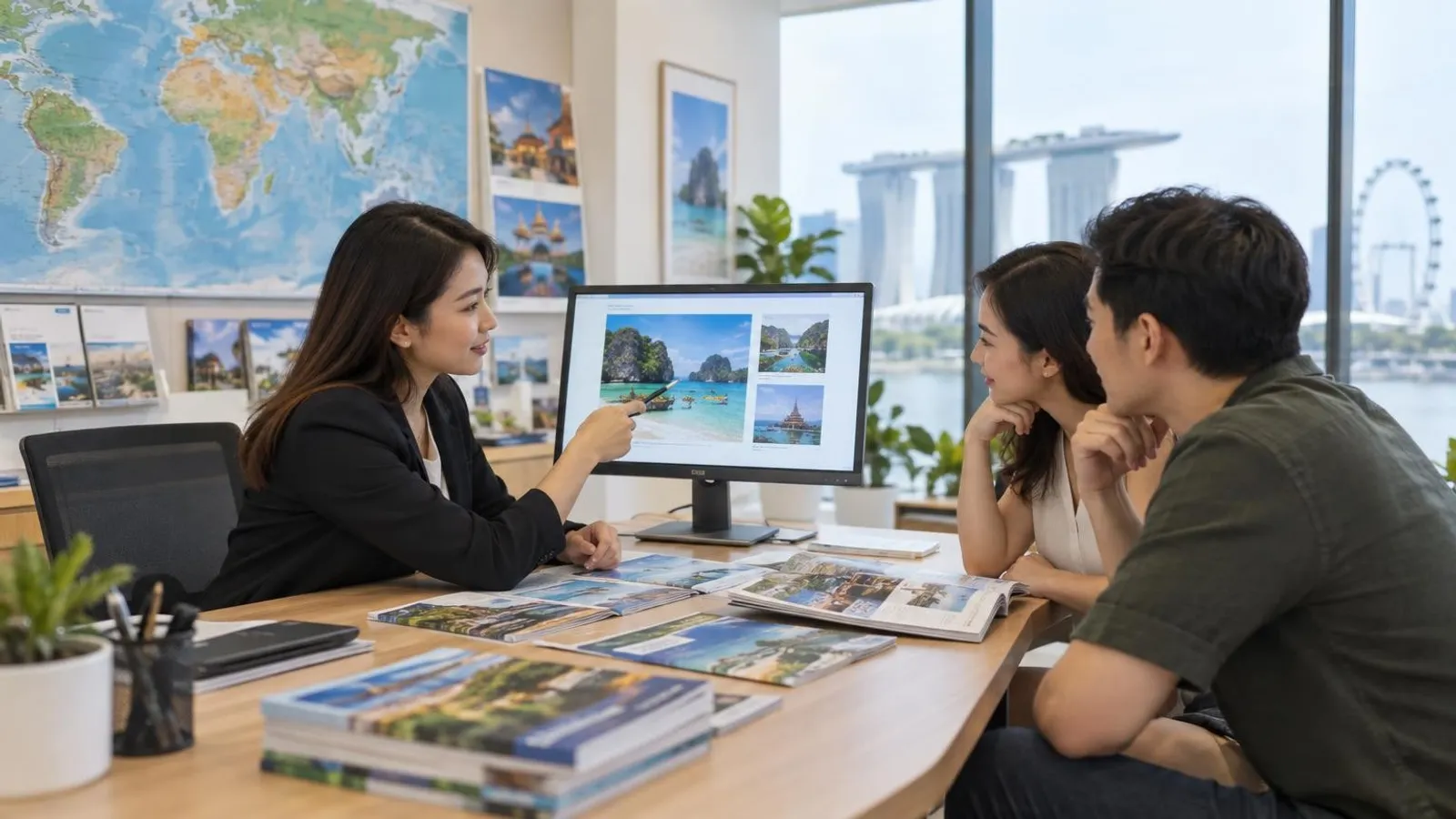 A travel agent showing holiday destinations on a screen to a couple at a bright Singapore travel agency