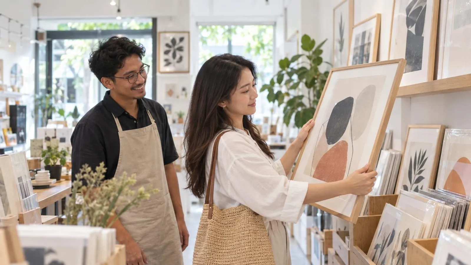 Wall Art and Poster Shops: a customer and a provider in a bright, modern setting