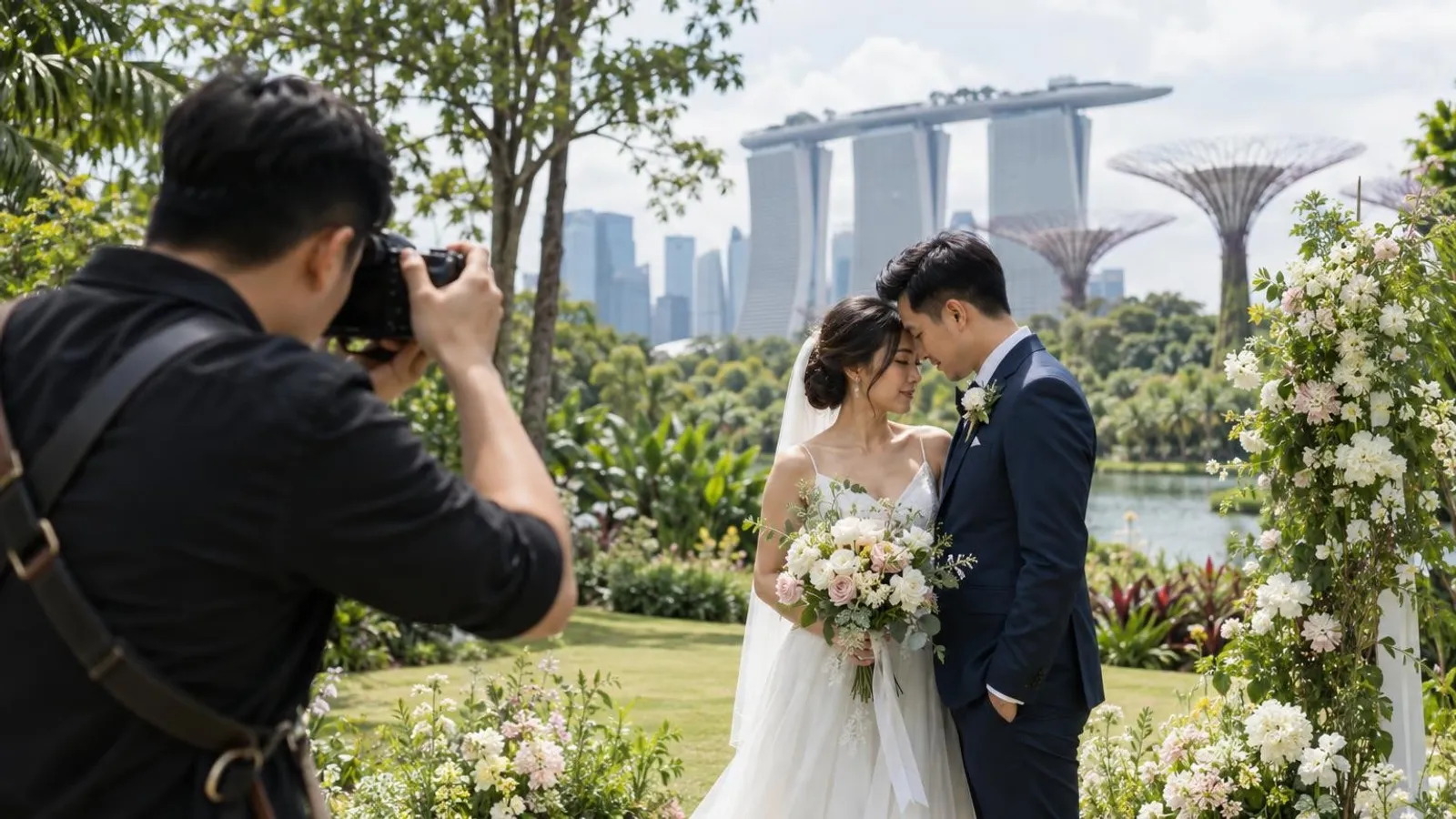 A wedding photographer photographing a bride and groom in a bright Singapore garden